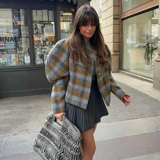 Women's Retro Contrast Color Check Coat Viralgem Store