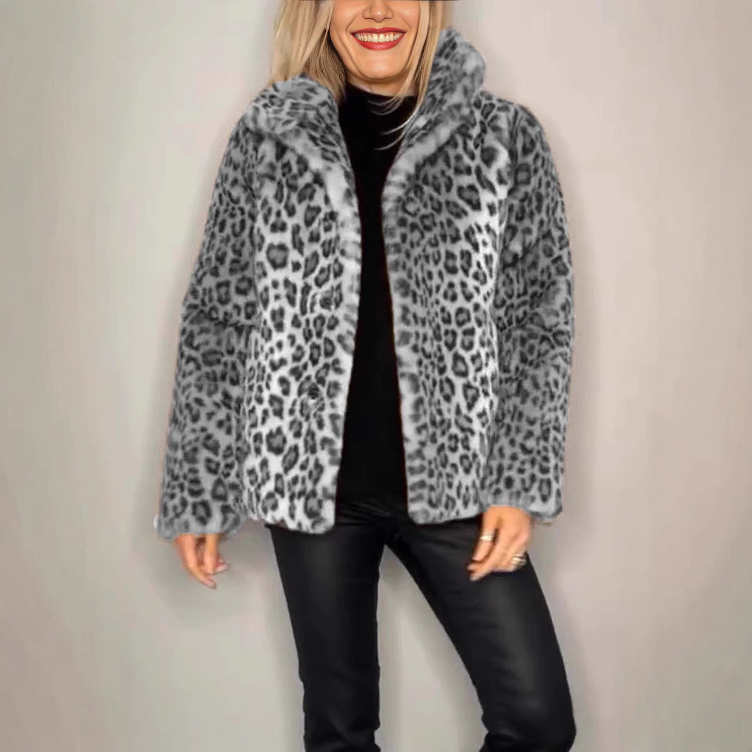 Winter New Women's Fashionable Leopard Print Lapel Faux Leather Woolen Top Viralgem Store