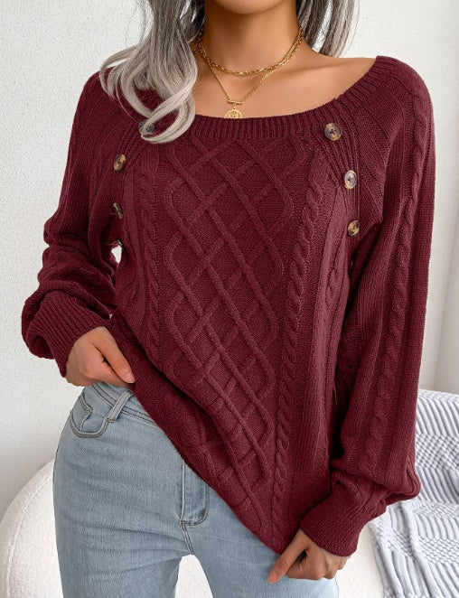 Square Neck Knitted Sweater With Button Design Winter Warm Long Sleeve Tops Women's Clothing Viralgem Store