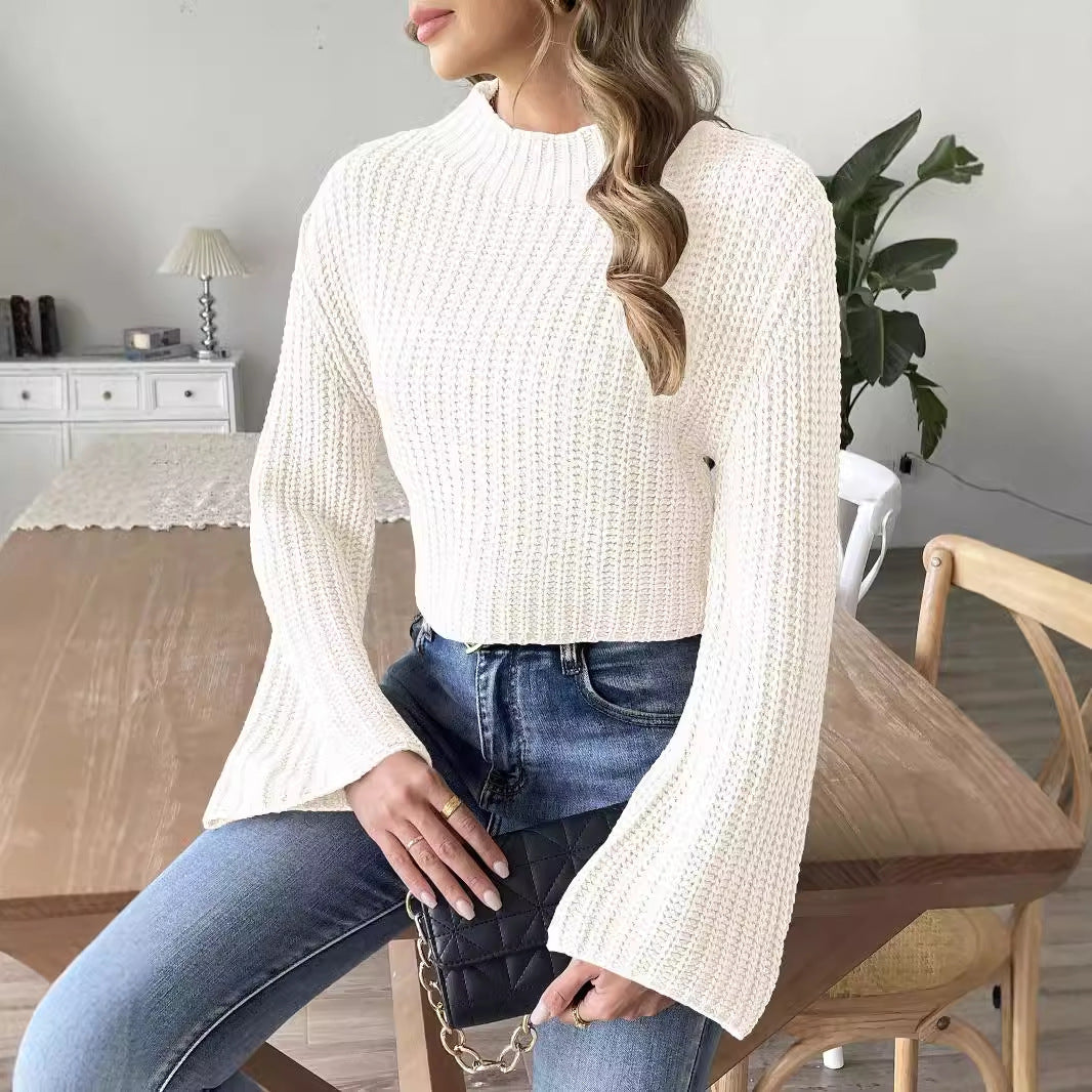 Women's Short Navel Woven Bell Sleeve Half Turtleneck Pullover Viralgem Store