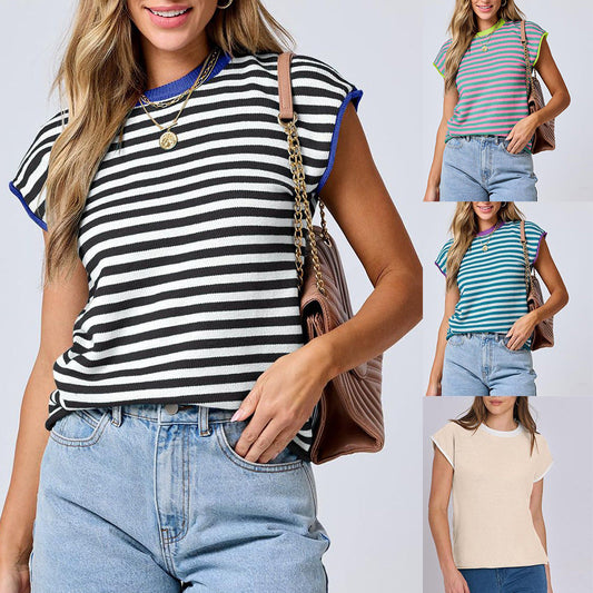 Women's Round Neck Knitted Top Casual Striped Contrast Color Sweater Viralgem Store