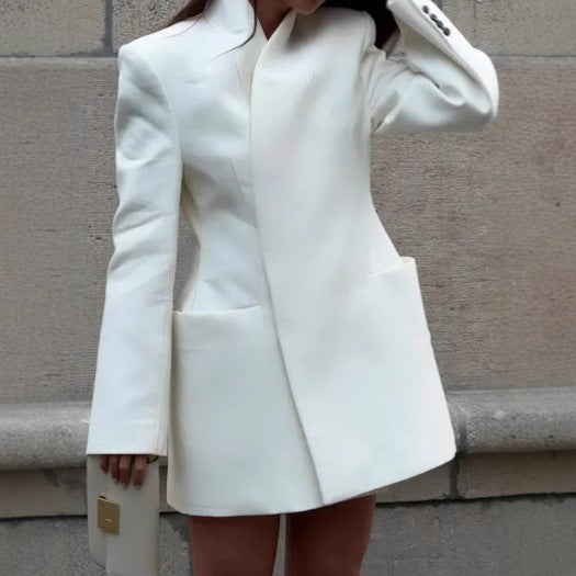 White Elegant Padded Shoulder Suit Jacket Women's Lapel Viralgem Store