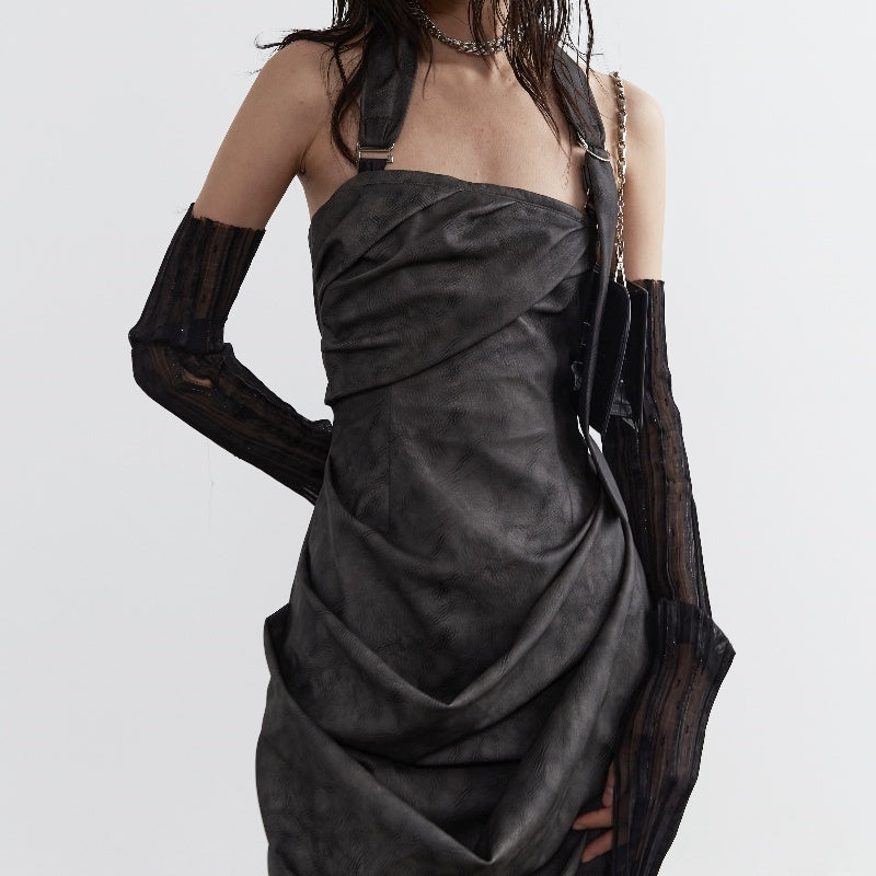 Stand Cut A Sense Of Sculpture Smoked Ink Dyed PU Leather Halter Strapless Dress