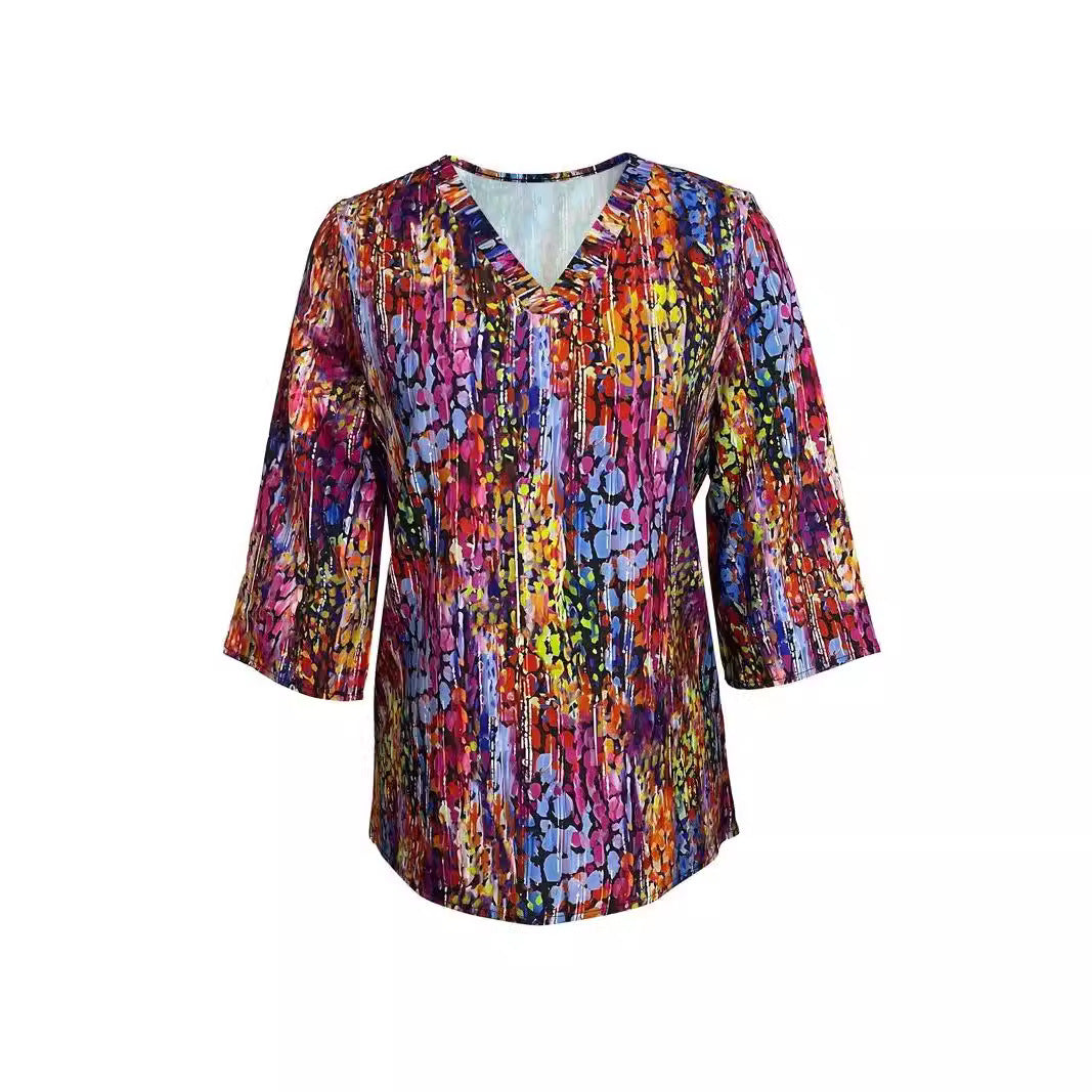 Women's V-neck Loose Three-quarter-length-sleeved T-shirt Colorful Printing Viralgem Store
