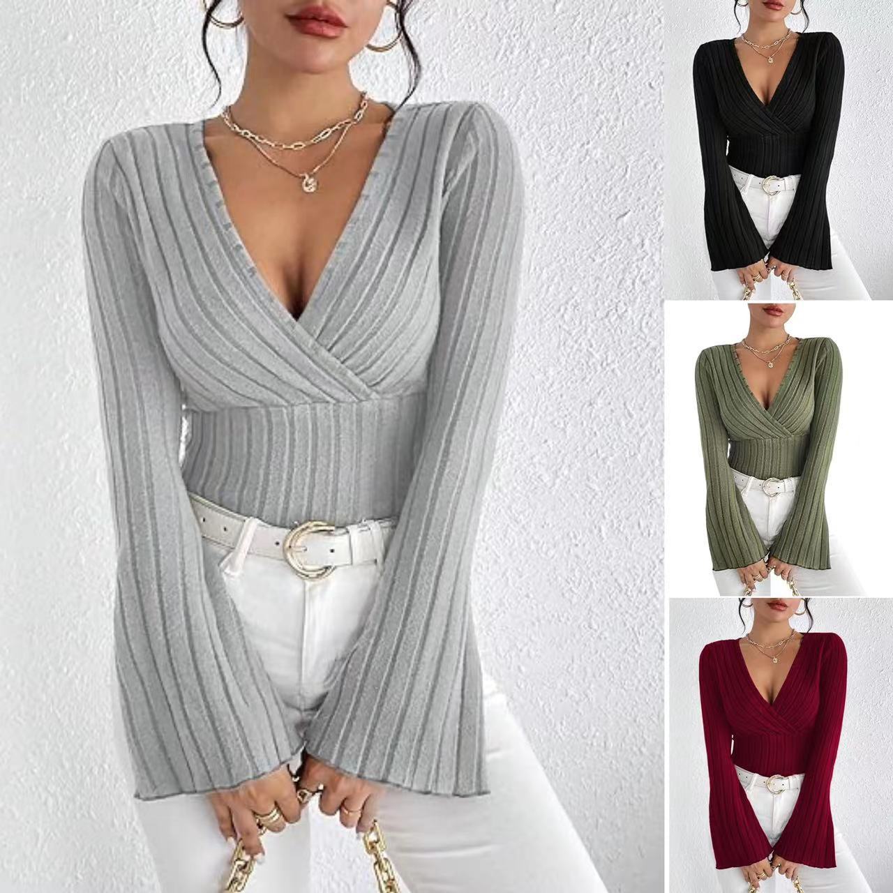 Women's Autumn And Winter Rib Sunken Stripe V-neck Slim-fit Long Sleeve T-shirt Women's Top Viralgem Store