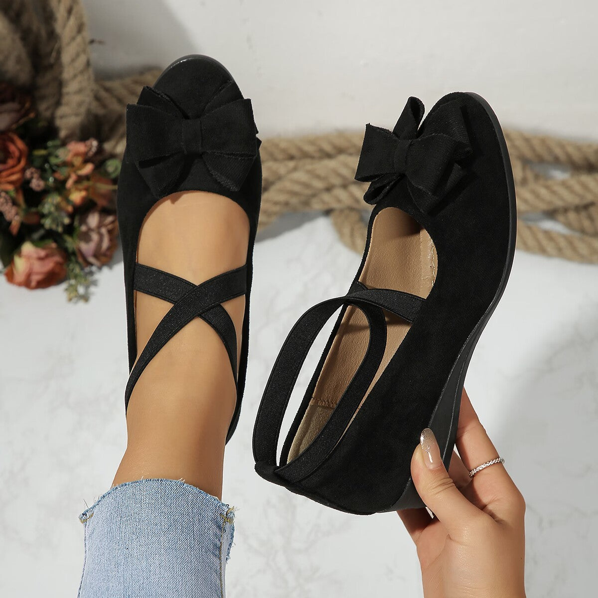 Suede Bow Cross Elastic Band Wedge Oversized Shoes Viralgem Store