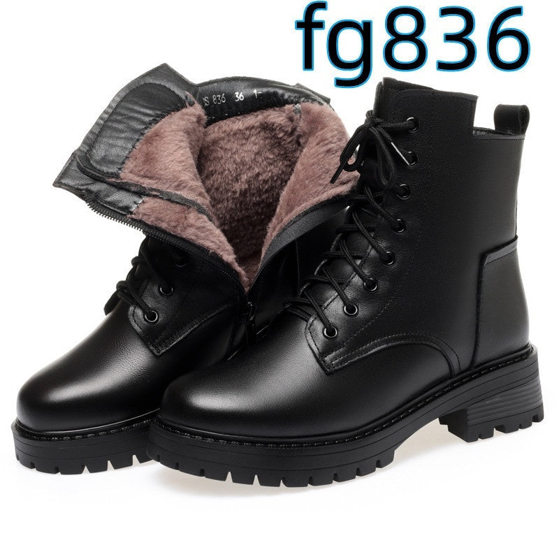 Women's Round Toe Cotton-padded Side Zipper Low Heel Casual Cowhide Shoes Viralgem Store