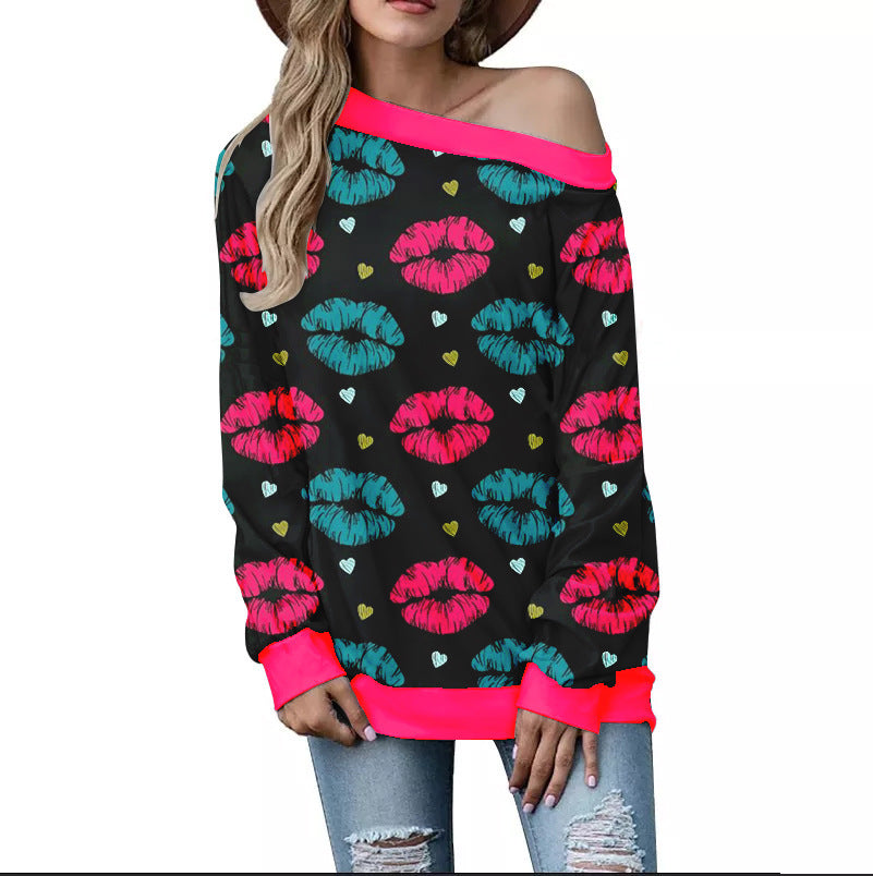 Women's Valentine's Day Pattern Printed Long Sleeve Loose Shoulder Sweater Viralgem Store