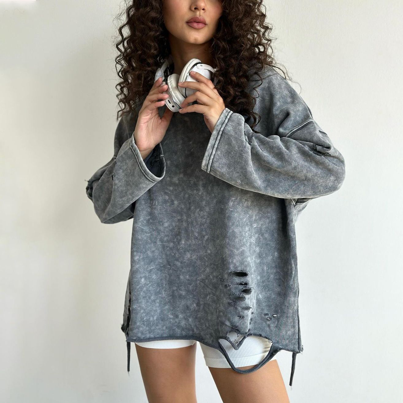 Women's Ripped Crew Neck Sweater Coat