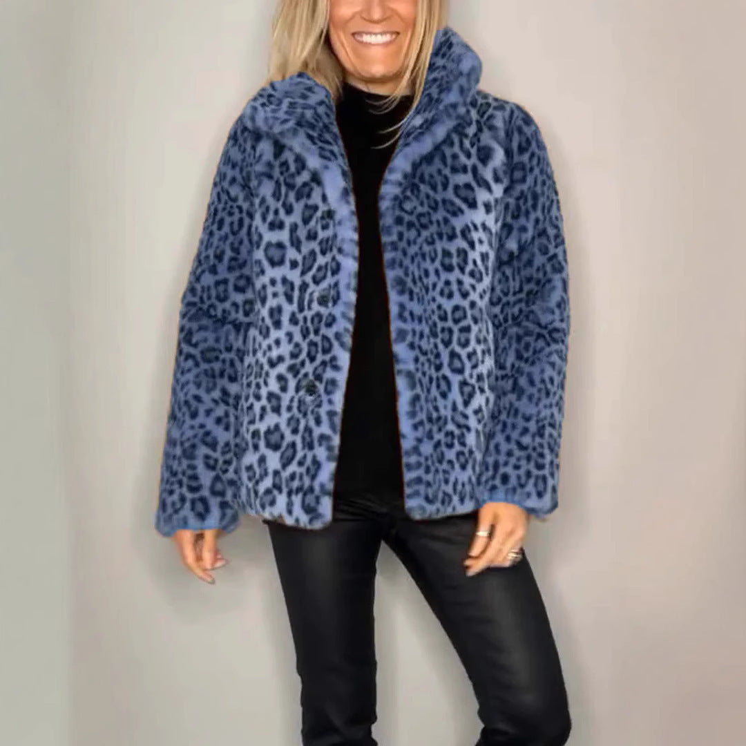 Winter New Women's Fashionable Leopard Print Lapel Faux Leather Woolen Top Viralgem Store