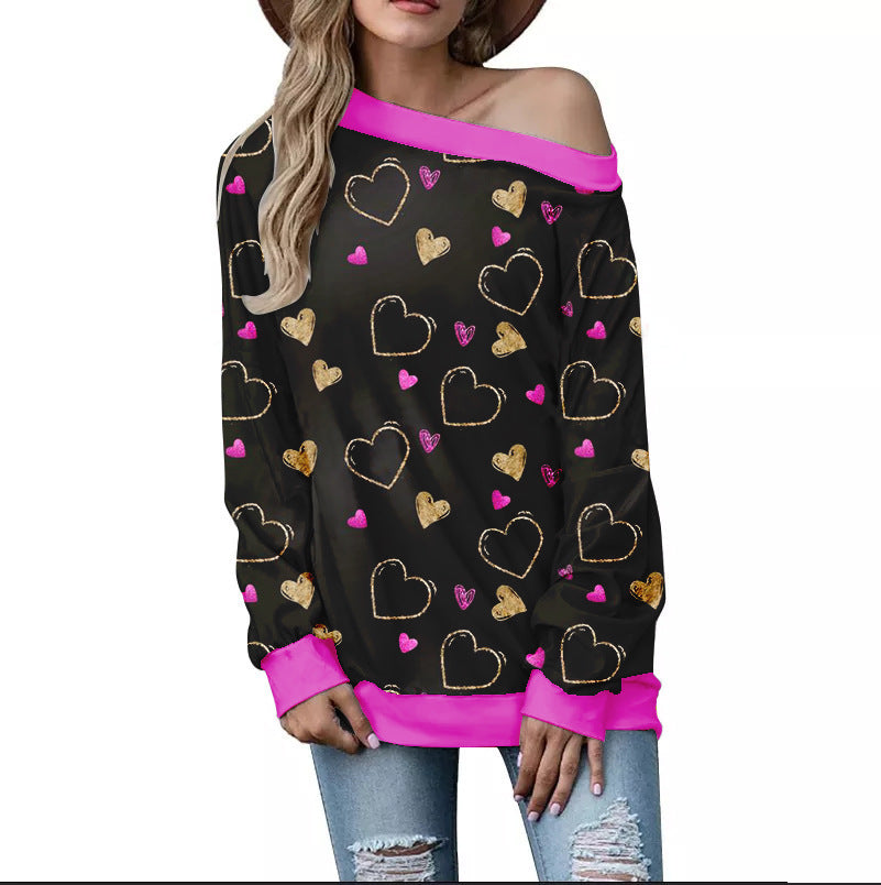 Women's Valentine's Day Pattern Printed Long Sleeve Loose Shoulder Sweater Viralgem Store