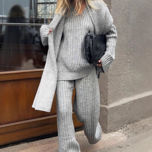 All-match V-neck Long-sleeved Sweater Trousers Suit With Scarf Viralgem Store