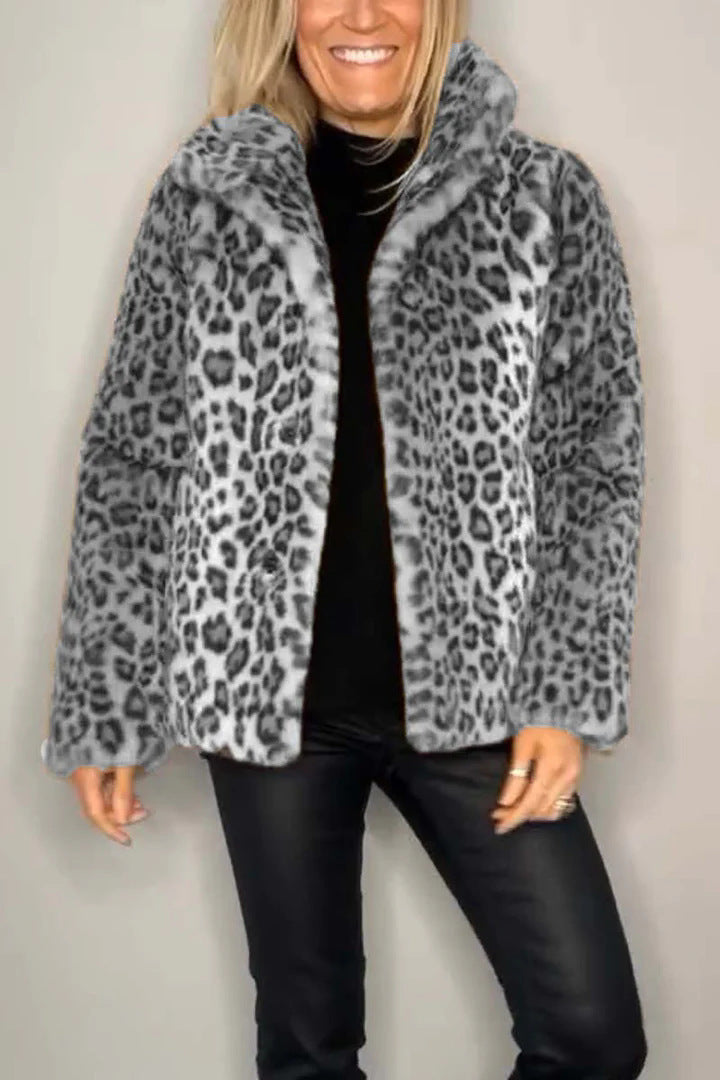 Winter New Women's Fashionable Leopard Print Lapel Faux Leather Woolen Top Viralgem Store