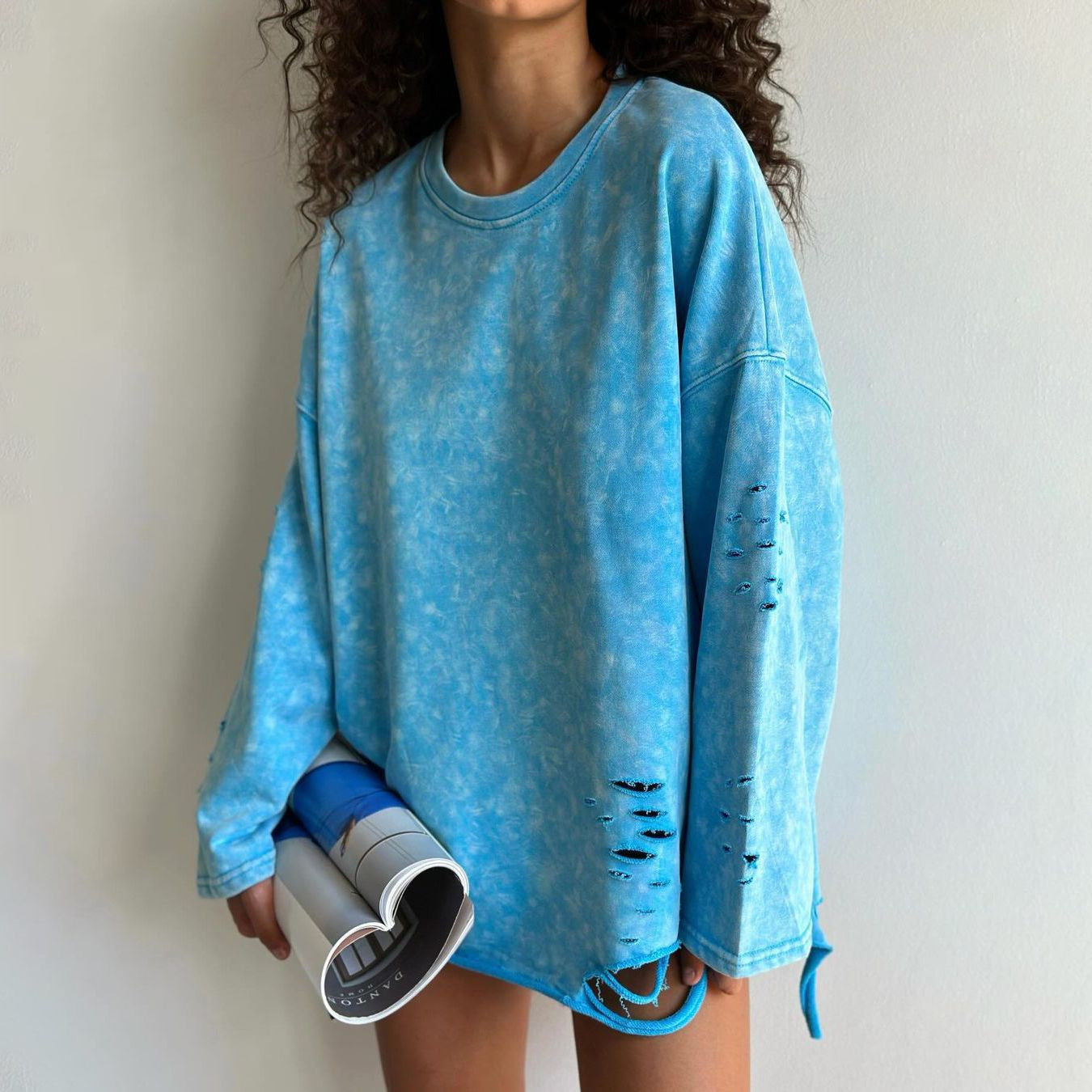 Women's Ripped Crew Neck Sweater Coat