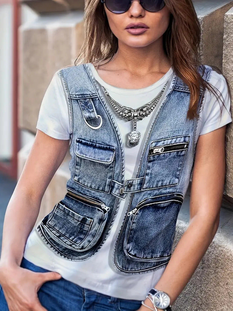 Summer Fake Denim Women's Short Sleeve