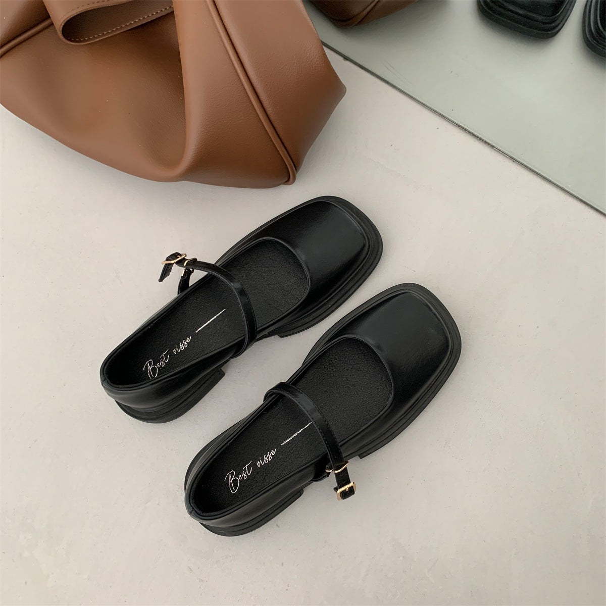 Women's Platform Leather Shoes Round Head British Style Buckle Pearl Viralgem Store