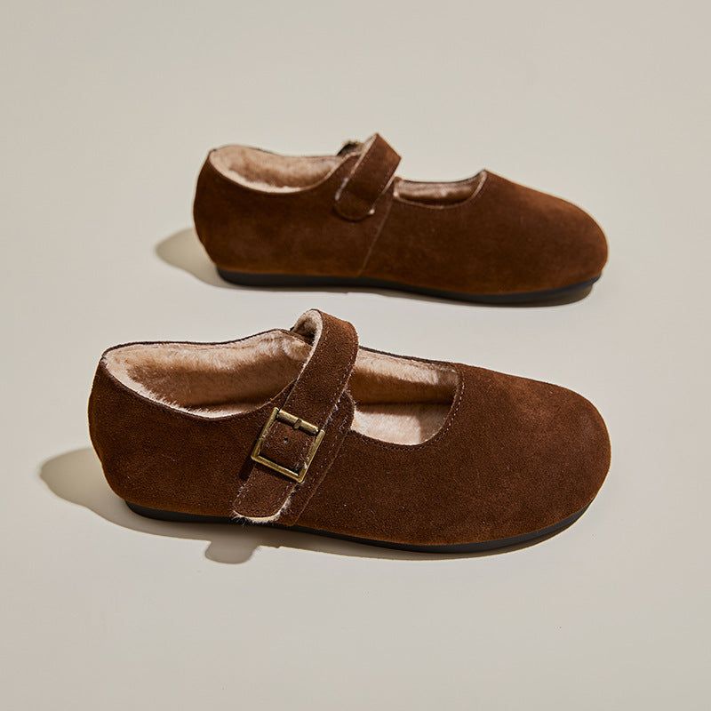 Suede Fleece-lined Casual Flat Shoes With Grandma Shoes
