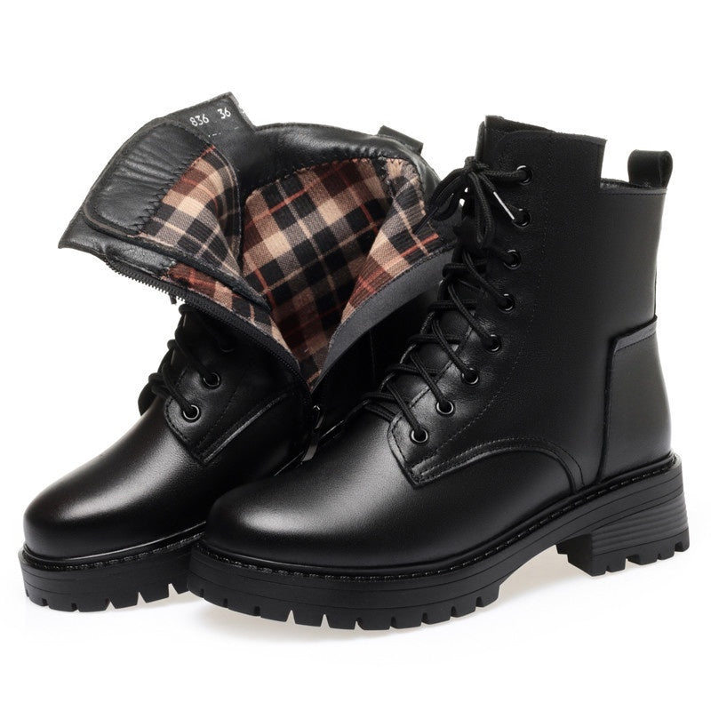 Women's Round Toe Cotton-padded Side Zipper Low Heel Casual Cowhide Shoes Viralgem Store