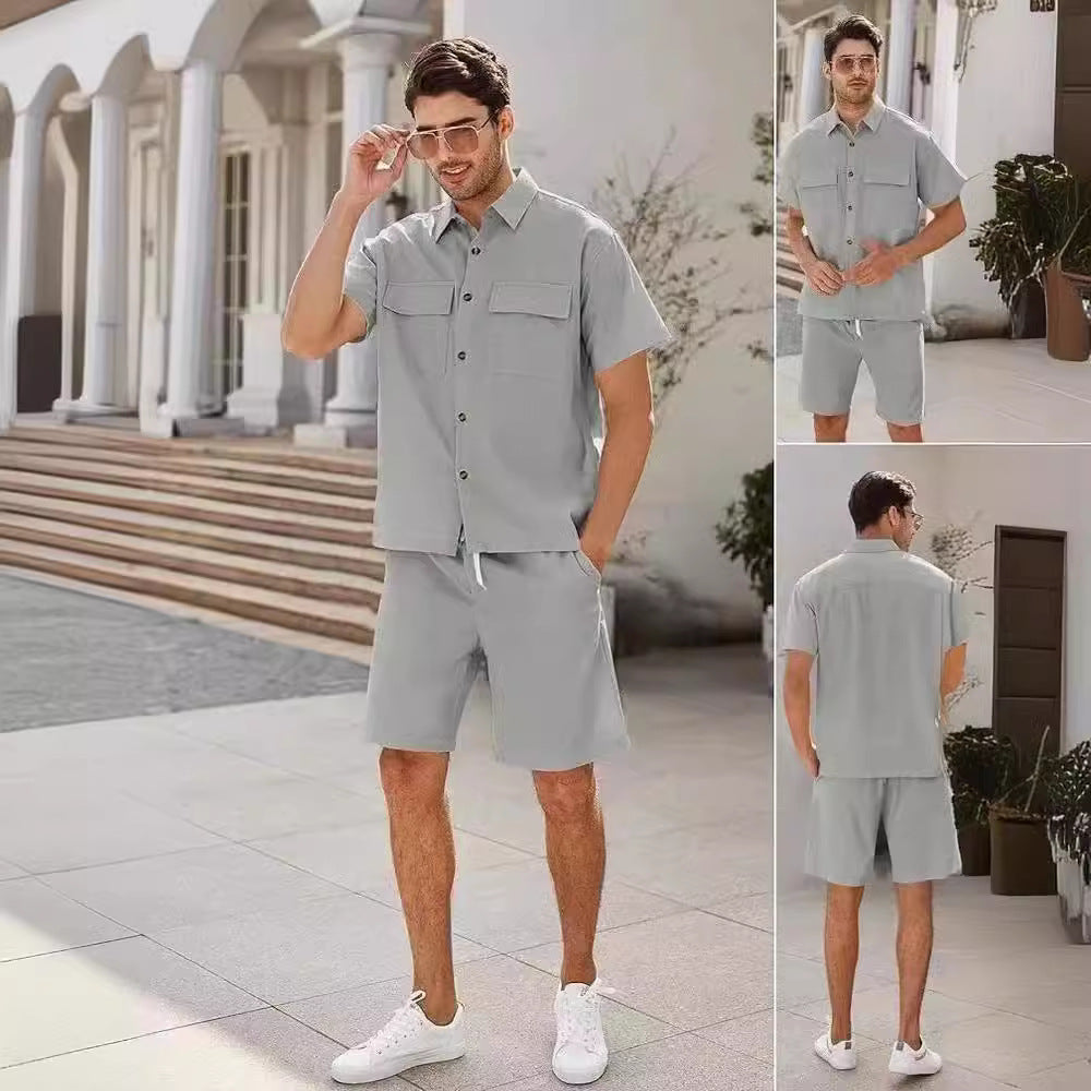 Summer Suits Men Short Sleeve Lapel Pockets Shirt And Drawstring Shorts Sports Fashion Leisure Men's Clothing Viralgem Store