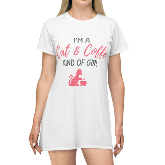 T-Shirt Dress, AOP dress, Cute Cat Design, Coffee Design Dress