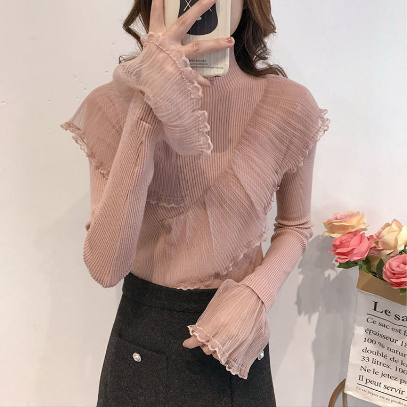 Women's Lace Patchwork Ruffled Sweater