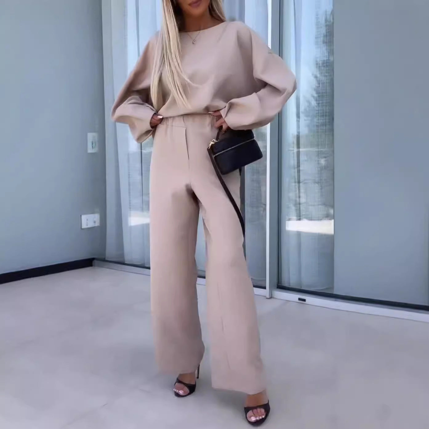 Women's Solid Color Round Neck Long Sleeve Elastic Waist Pants Two-piece Suit Viralgem Store