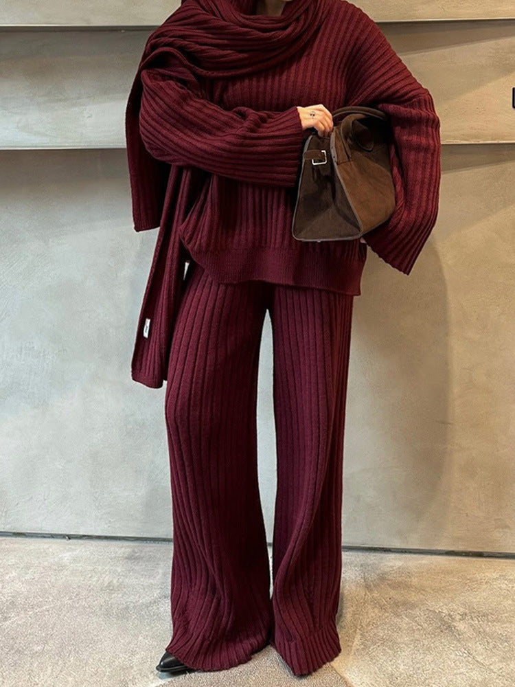All-match V-neck Long-sleeved Sweater Trousers Suit With Scarf Viralgem Store