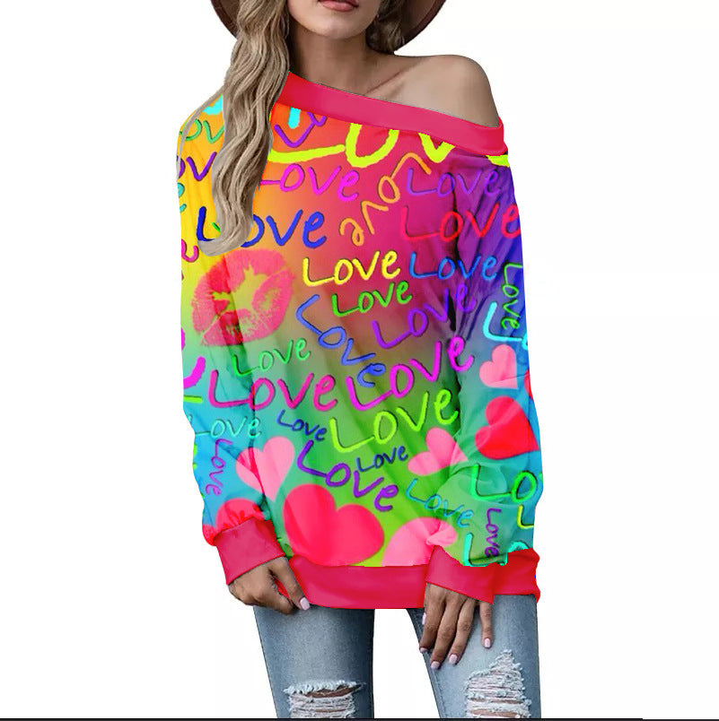 Women's Valentine's Day Pattern Printed Long Sleeve Loose Shoulder Sweater Viralgem Store