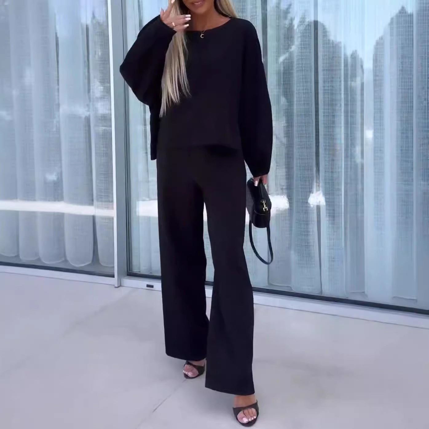 Women's Solid Color Round Neck Long Sleeve Elastic Waist Pants Two-piece Suit Viralgem Store