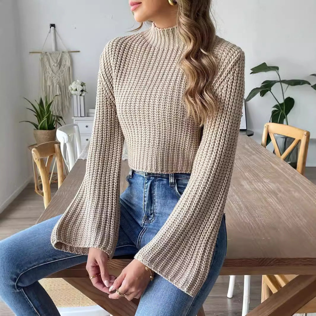 Women's Short Navel Woven Bell Sleeve Half Turtleneck Pullover Viralgem Store