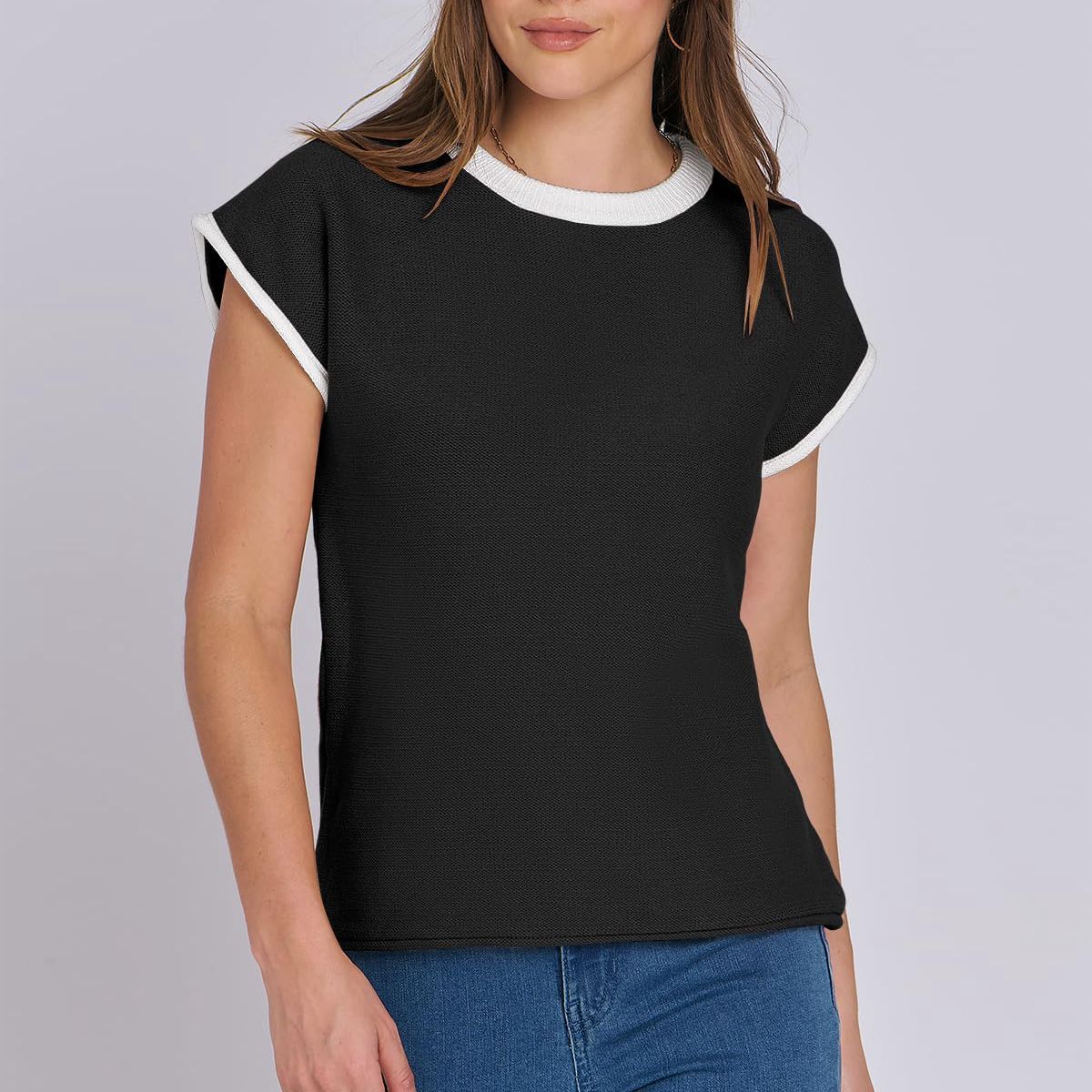 Women's Round Neck Knitted Top Casual Striped Contrast Color Sweater Viralgem Store