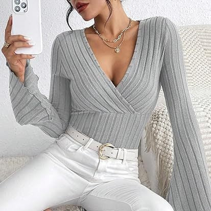 Women's Autumn And Winter Rib Sunken Stripe V-neck Slim-fit Long Sleeve T-shirt Women's Top Viralgem Store