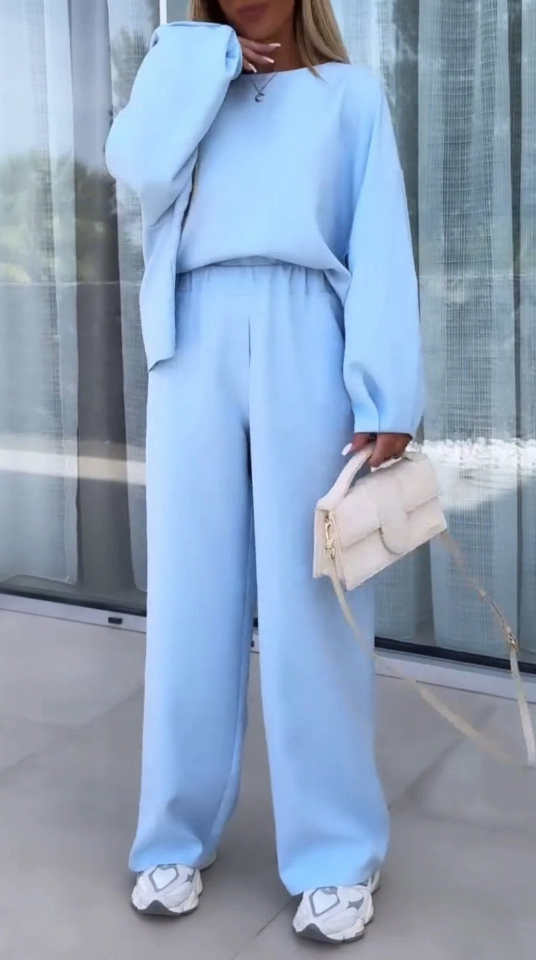 Women's Solid Color Round Neck Long Sleeve Elastic Waist Pants Two-piece Suit Viralgem Store