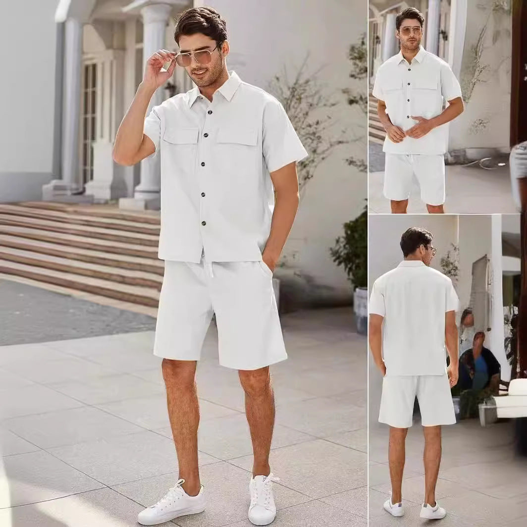Summer Suits Men Short Sleeve Lapel Pockets Shirt And Drawstring Shorts Sports Fashion Leisure Men's Clothing Viralgem Store