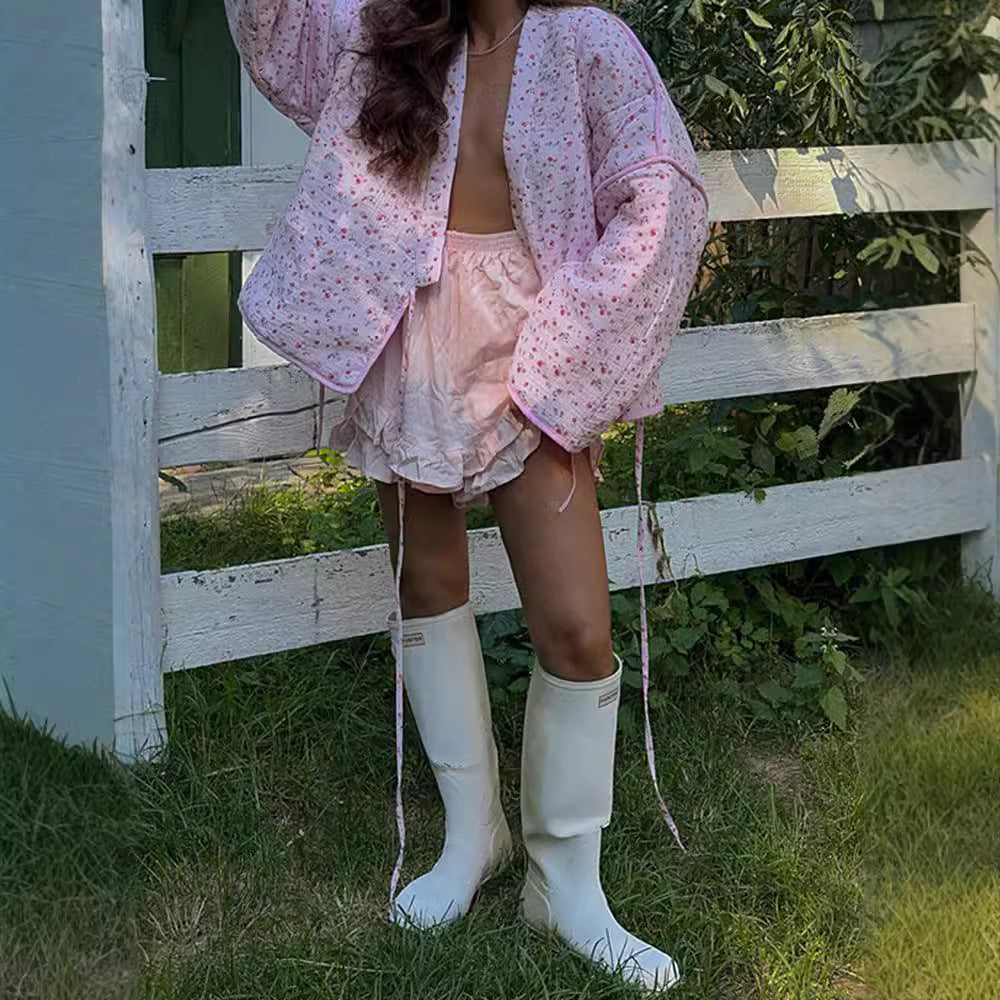 Sweet Floral Lace-up Cotton-padded Clothes V-neck Flared Sleeves Cotton-padded Clothes Viralgem Store