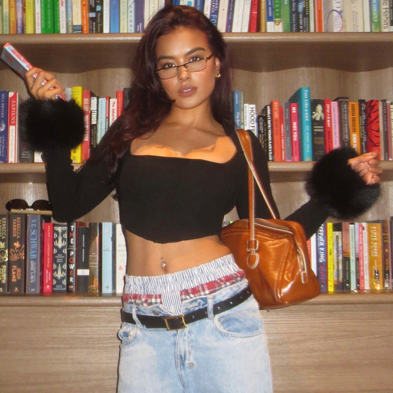 Square Collar Sexy Short Furry Long-sleeved T-shirt Solid Color Off Navel Knitted Top Viralgem Store