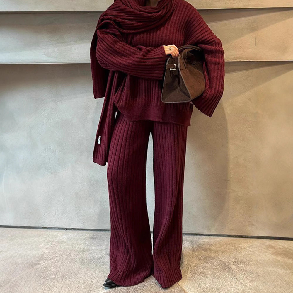 All-match V-neck Long-sleeved Sweater Trousers Suit With Scarf Viralgem Store