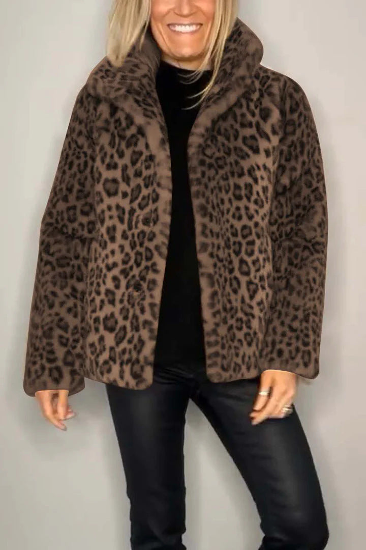 Winter New Women's Fashionable Leopard Print Lapel Faux Leather Woolen Top Viralgem Store