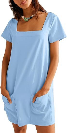 Women's Square Collar Short Sleeve Fashion Pocket Dress