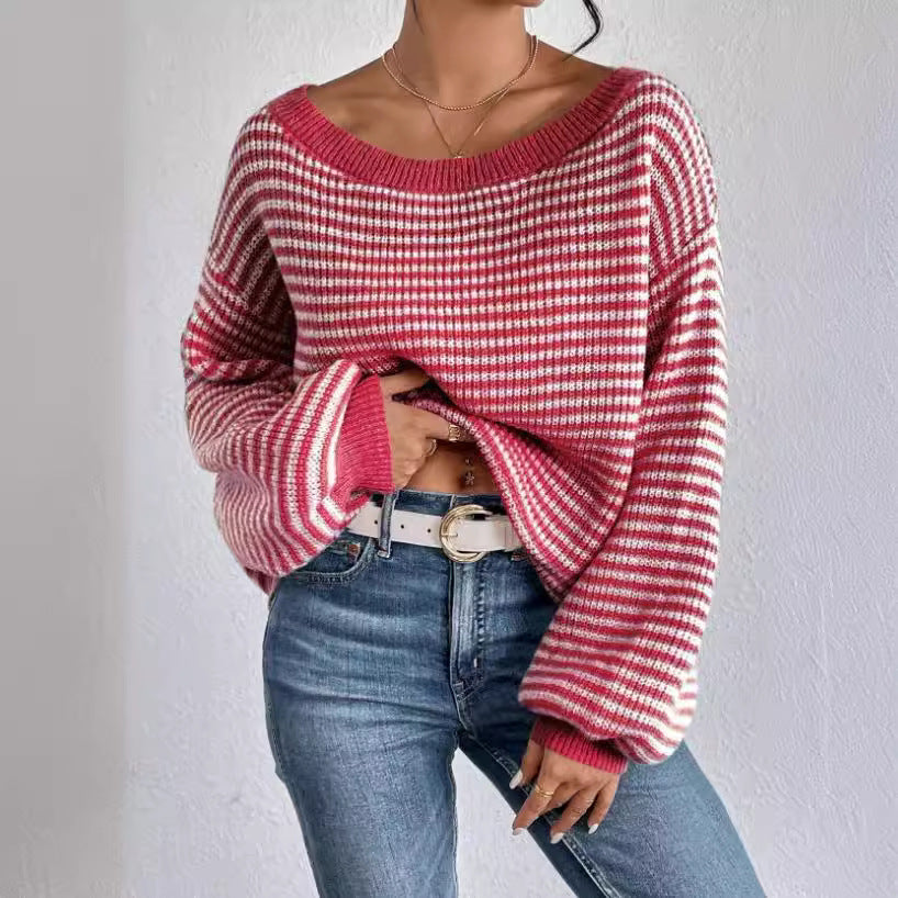 Women's Off-neck Shoulder-baring Sweater Contrast Color Viralgem Store