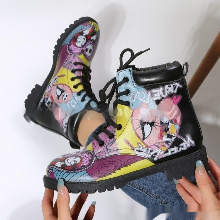 Women's Printed Cartoon Lace-up High-top Leather Boots Viralgem Store