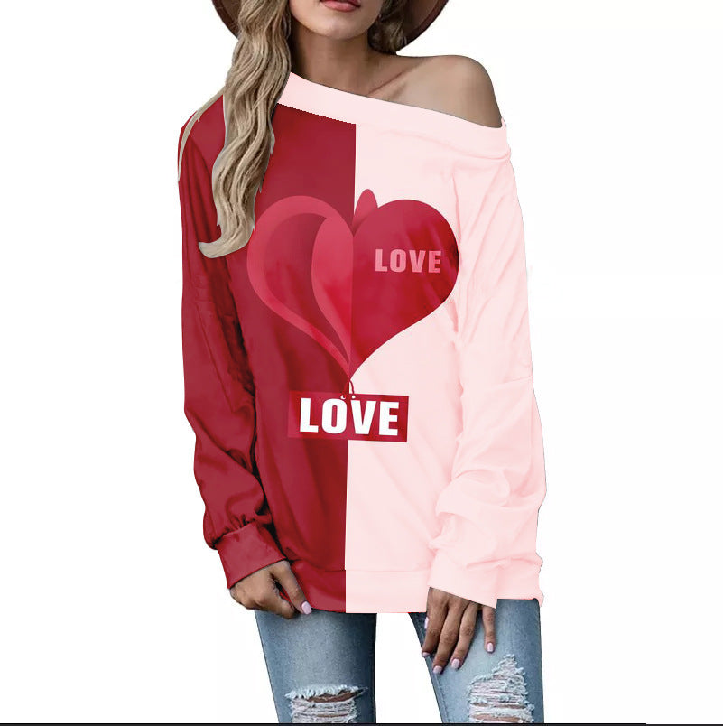 Women's Valentine's Day Pattern Printed Long Sleeve Loose Shoulder Sweater Viralgem Store