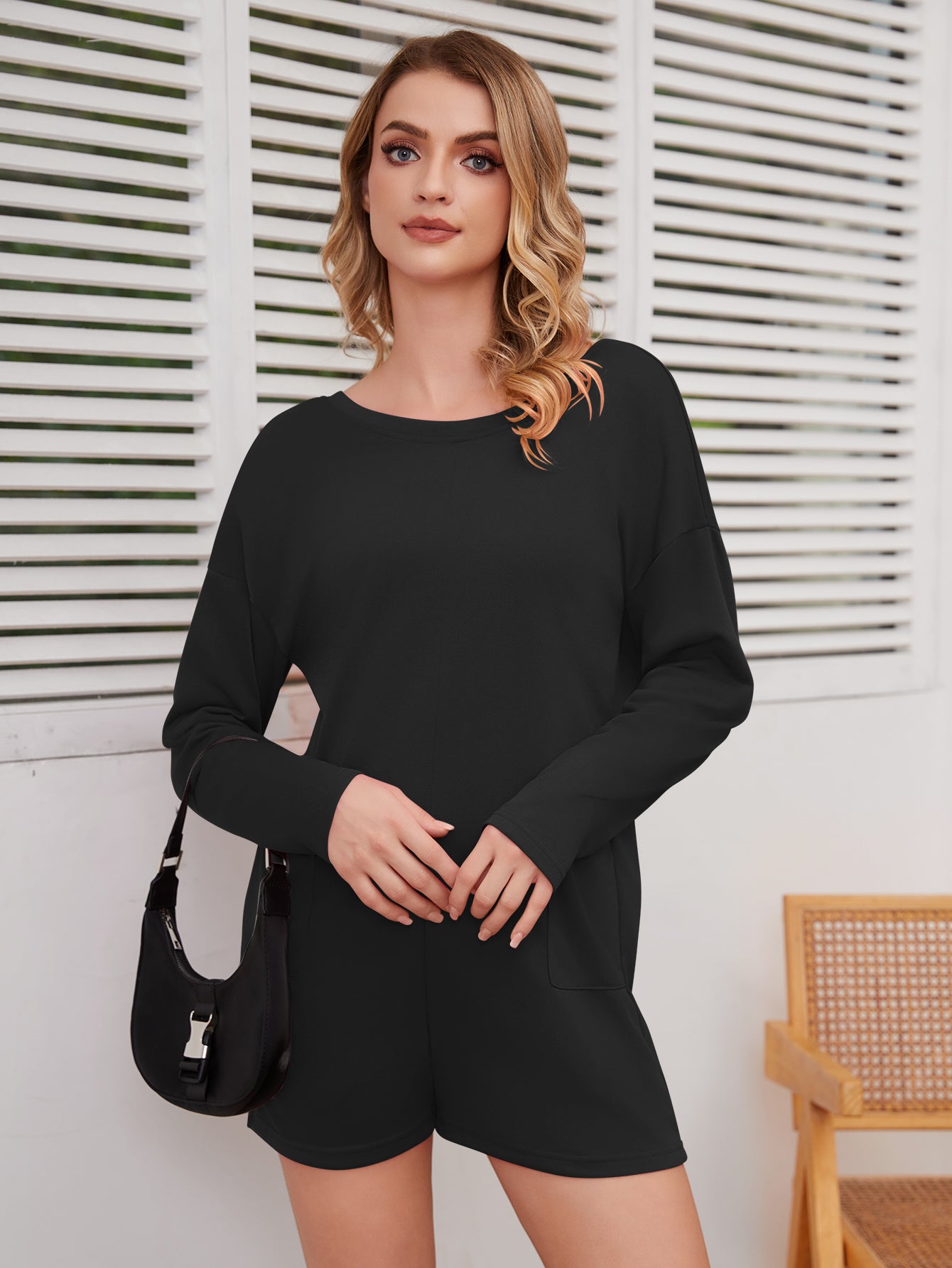 Women's Long Sleeved Solid Color Jumpsuit Shorts