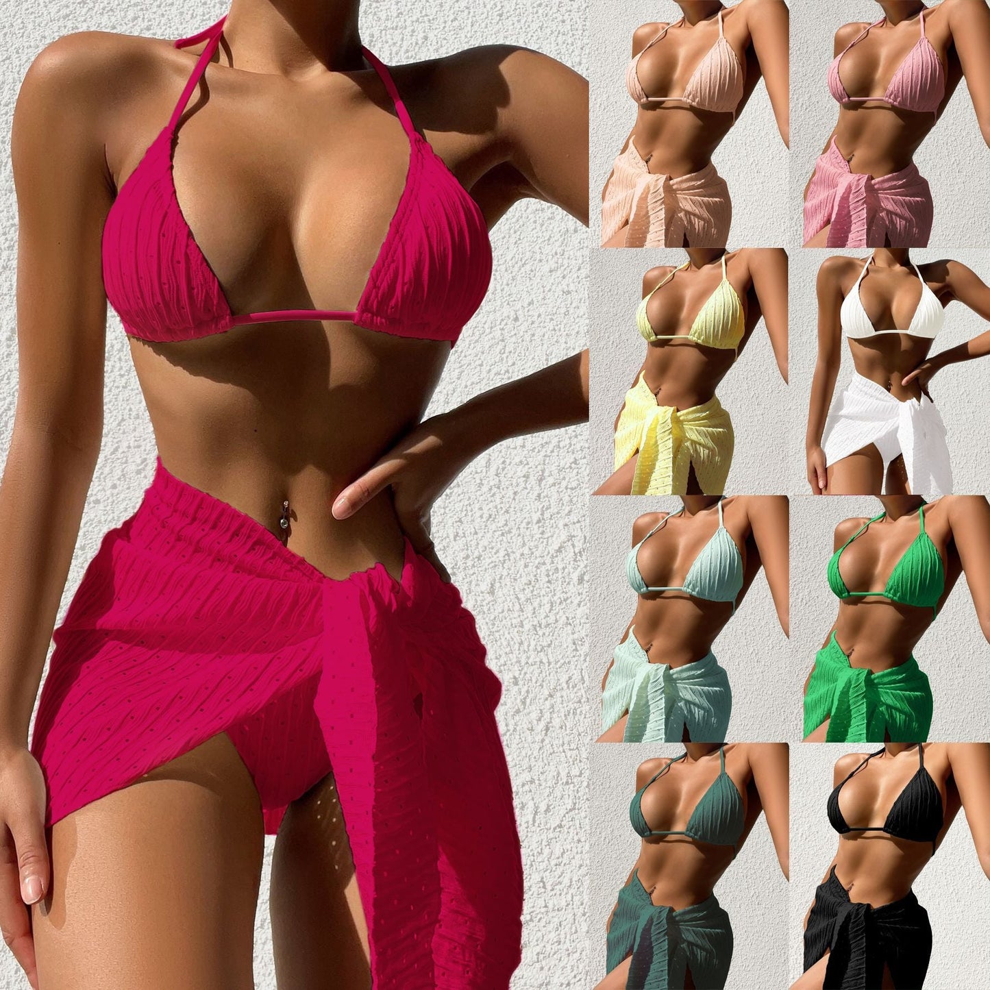 3pcs Halterneck Swimsuit Set Beach Solid Color Sexy Backless Bikini With Mesh Skirt Summer Womens Clothing Viralgem Store