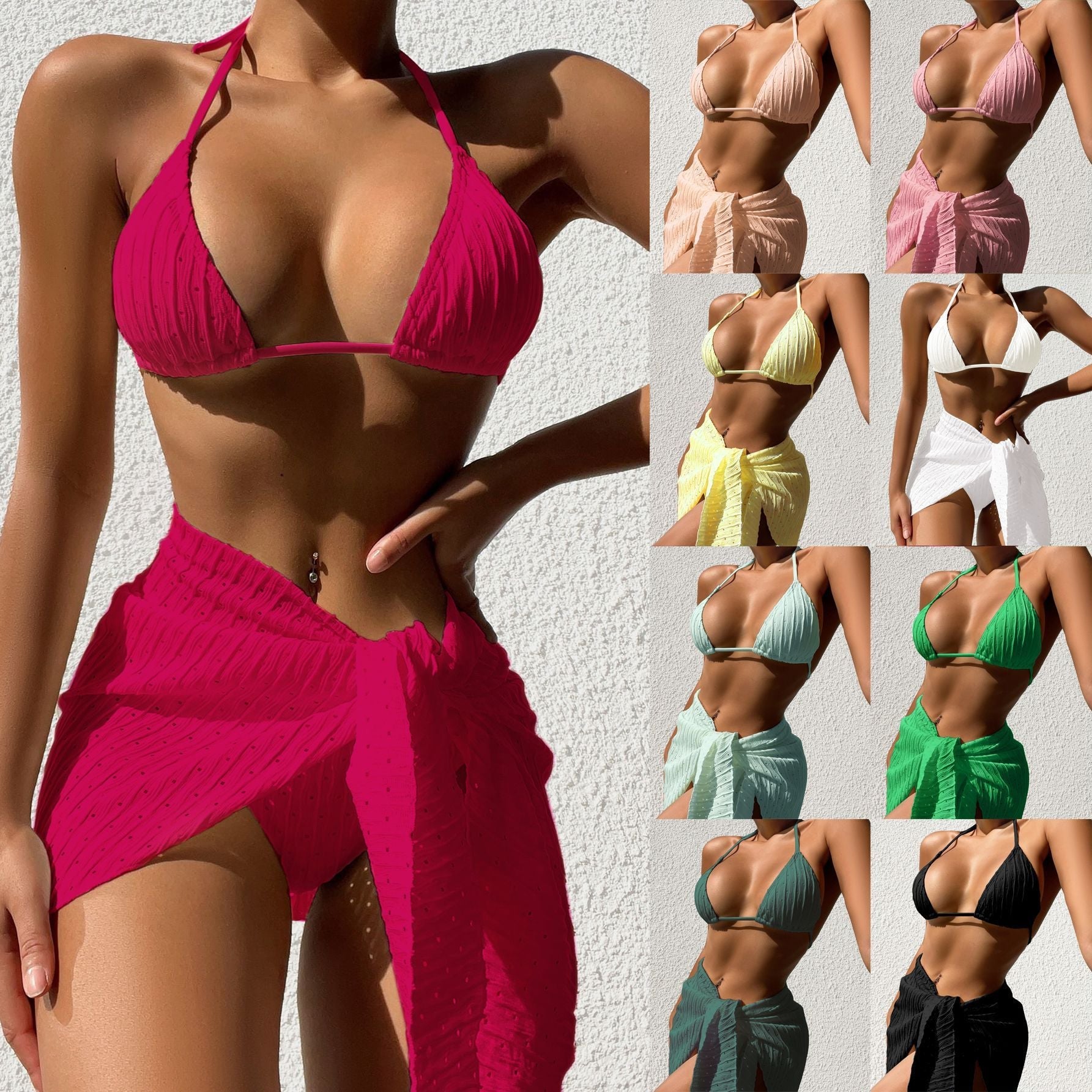 3pcs Halterneck Swimsuit Set Beach Solid Color Sexy Backless Bikini With Mesh Skirt Summer Womens Clothing Viralgem Store