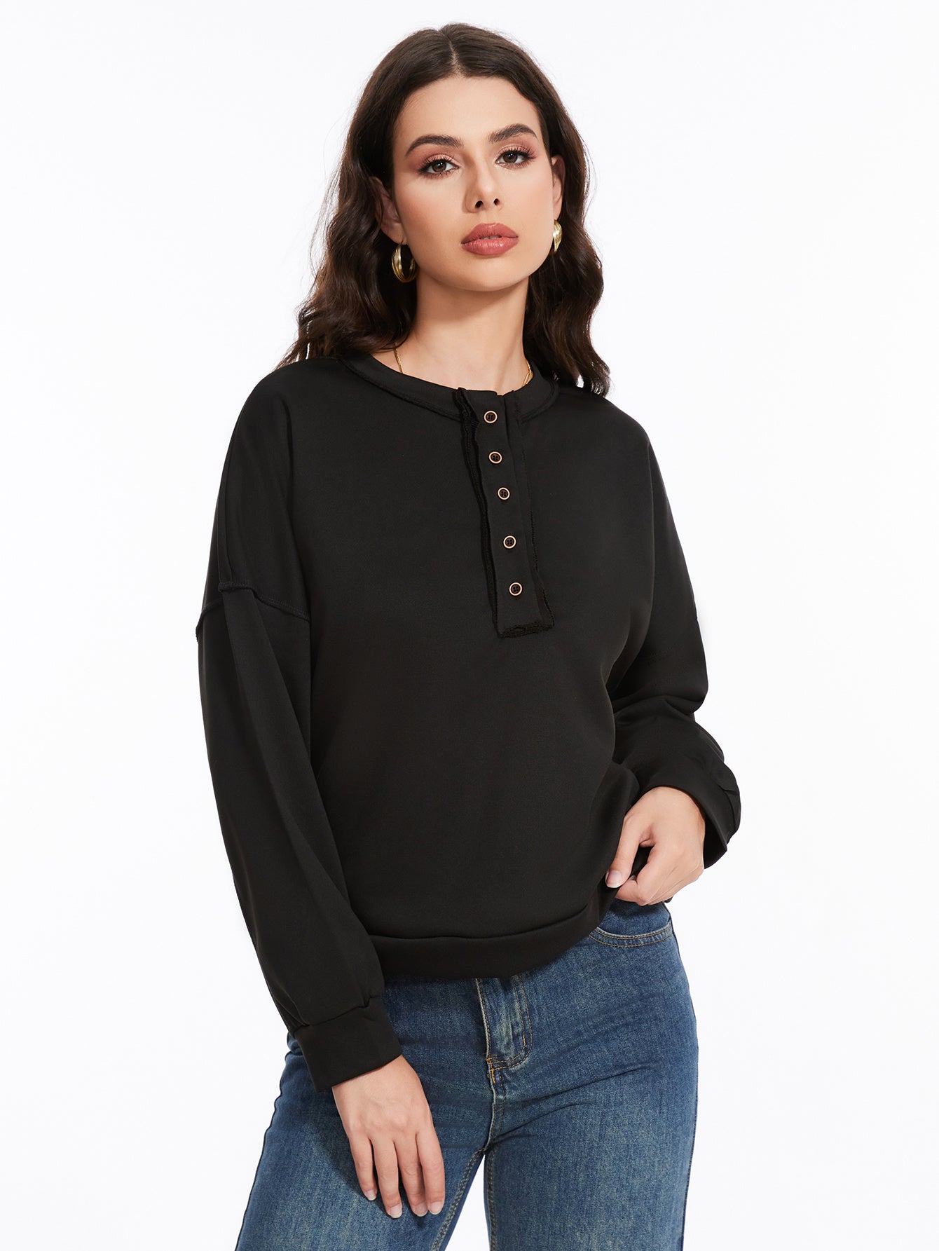 Women's Long Sleeved Button Solid Color Hoodie