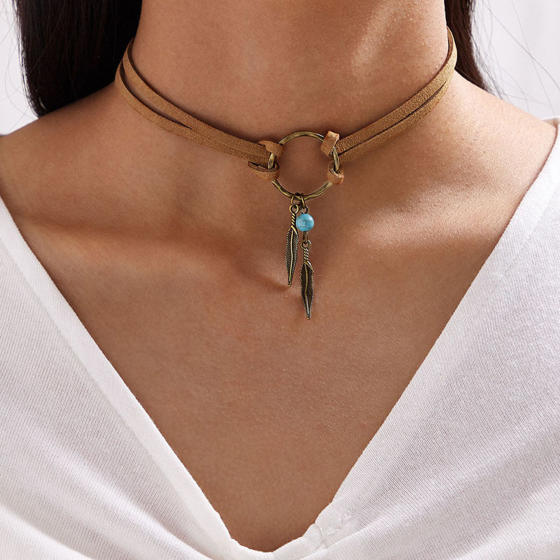 Vintage Alloy Feather Leather Choker Necklace Viralgem Store