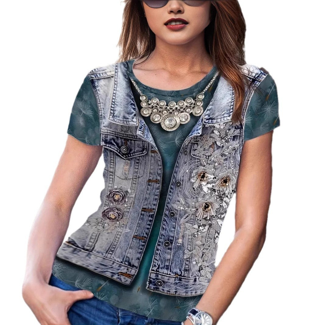 Summer Fake Denim Women's Short Sleeve