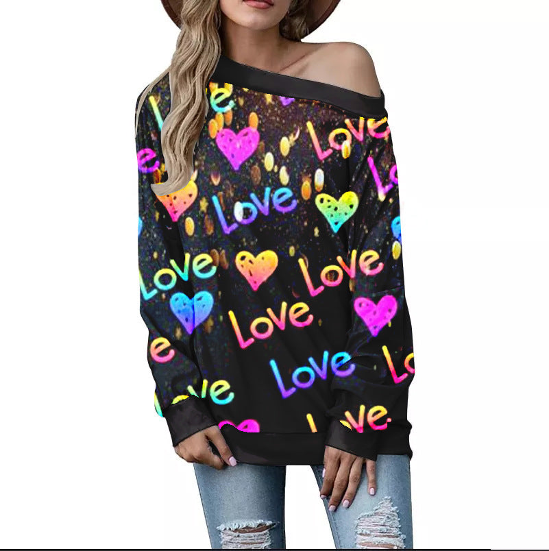 Women's Valentine's Day Pattern Printed Long Sleeve Loose Shoulder Sweater Viralgem Store
