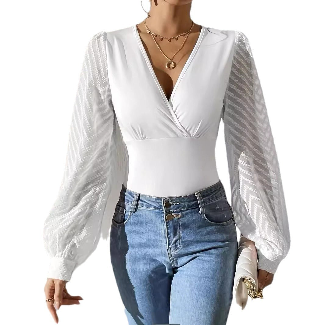 Women's Chiffon Stitching Solid Color Knitted Deep V Long Sleeve Top Viralgem Store